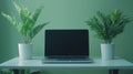 Minimalist Desk Laptop and Plants, tidy workspace with laptop centered, AI Generated