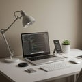 A minimalist desk setup features a laptop displaying code, suggesting a programming Royalty Free Stock Photo