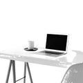 Minimalist desk setup with open laptop and coffee cup on white background table computer Royalty Free Stock Photo