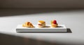 A minimalist dessert presentation on a white rectangular platter features three distinct pastries. Royalty Free Stock Photo