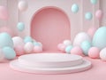 Minimalist digital backdrop with pastel balloons and Easter eggs, soft pink glow, symmetrical composition, elevated platform Royalty Free Stock Photo