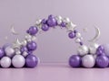Minimalist digital backdrop, violet and silver balloon arch with stars and moons on a light violet background, large scale Royalty Free Stock Photo