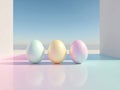 Minimalist digital Easter scene, geometric eggs pink, yellow, light blue on reflective surface, pastel gradient sky backdrop Royalty Free Stock Photo