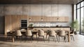 Minimalist dining area spacious kitchen with large wooden table and concrete wall Royalty Free Stock Photo