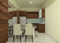 Minimalist Dining Room Design with Set Table and Wooden Kitchen Cabinet