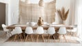 A minimalist dining room with a large rustic wooden table and white chairs is accented by a neutraltoned woven wall