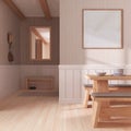 Minimalist dining room in white and beige tones with wooden table and frame mockup. Parquet and wallpaper. Japandi interior design Royalty Free Stock Photo