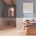 Minimalist dining room in white and blue tones with wooden table and frame mockup. Parquet and wallpaper. Japandi interior design Royalty Free Stock Photo