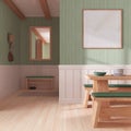 Minimalist dining room in white and green tones with wooden table and frame mockup. Parquet and wallpaper. Japandi interior design Royalty Free Stock Photo