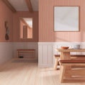 Minimalist dining room in white and orange tones with wooden table and frame mockup. Parquet and wallpaper. Japandi interior Royalty Free Stock Photo