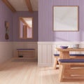 Minimalist dining room in white and purple tones with wooden table and frame mockup. Parquet and wallpaper. Japandi interior Royalty Free Stock Photo