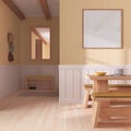 Minimalist dining room in white and yellow tones with wooden table and frame mockup. Parquet and wallpaper. Japandi interior