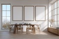 Minimalist Dining Room with Wooden Table and Large Windows Royalty Free Stock Photo