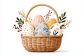 Minimalist Easter Basket with Pastel Patterned Eggs on White Background in Studio Setting Royalty Free Stock Photo