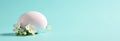Minimalist Easter composition with white egg and delicate white flowers on pastel blue background with copy space Royalty Free Stock Photo