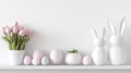 Minimalist Easter Decor with Bunny, Eggs, and Pink Tulips Royalty Free Stock Photo