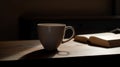 Minimalist elegance, A blank ceramic mug and book on a sleek wooden table, understated beauty