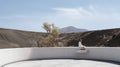 Minimalist Elegance: A Person Sitting On The Edge Of A Circular Structure In A Desert