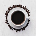 Minimalist elegance top down view of coffee cup on white