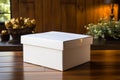 Minimalist elegance White paper box on a natural wood background
