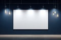 Blank White Canvas on Dark Blue Wall with Edison Bulbs Royalty Free Stock Photo