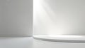 Minimalist empty room with bright light rays. Modern interior design shows clean white walls and floor. Subtle shadow forms Royalty Free Stock Photo