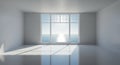 Minimalist empty room with white window overlooking serene ocean view Royalty Free Stock Photo