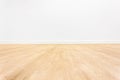 Minimalist empty room with wooden floor and white wall.