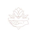 Minimalist esoteric logo lotus flower over human hand meditation magic beauty wellness spa salon