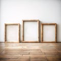 A minimalist fashion mockup with three empty rectangular frames on a light wall above a parquet floor Royalty Free Stock Photo