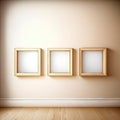 A minimalist fashion mockup with three empty square frames on a light wall above a parquet floor Royalty Free Stock Photo