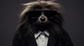 Minimalist Fashion Portrait Of A Dog In A Suit And Sunglasses