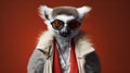 Minimalist Fashion Portrait Of Lemur In Sunglasses And Jacket