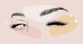 Minimalist female eyes on colored spots. Linear women lashes and brows. Vector illustration in one line drawing style