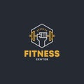 minimalist fitness gym line art icon label logo template vector illustration design. simple modern fist arm hand lift barbell Royalty Free Stock Photo