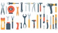 Minimalist flat design illustration of a complete workshop tool set, isolated on white background, clean vector style, bright Royalty Free Stock Photo