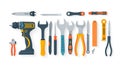 Minimalist flat design illustration of a complete workshop tool set, isolated on white background, clean vector style, bright Royalty Free Stock Photo