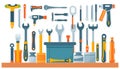Minimalist flat design illustration of a complete workshop tool set, isolated on white background, clean vector style, bright Royalty Free Stock Photo