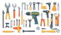 Minimalist flat design illustration of a complete workshop tool set, isolated on white background, clean vector style, bright Royalty Free Stock Photo