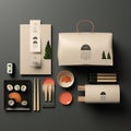 Minimalist Flat Lay of Beige Sushi Restaurant Packaging and Layout without Plastic Components