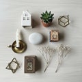 Echeveria a smooth white stone vintage matchboxes a brass candle Royalty Free Stock Photo