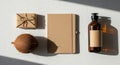 Natural skincare essentials arranged with coconut and gift box on white background Royalty Free Stock Photo