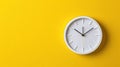 Minimalist flat lay image featuring a white wall clock on a vibrant yellow wall, showcasing simplicity and modern design, Ai Royalty Free Stock Photo