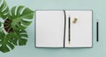 Minimalist Flat Lay of Open Sketchbook with Blank Page Graphite Pencil and Brass Sharpener Royalty Free Stock Photo