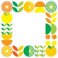 Minimalist flat vector frame in citrus fruit symbol. Simple geometric illustration of oranges, lemons, lemonade and leaves.