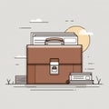 Flat vector illustration of a briefcase with documents, sun, and clouds in minimalist line art style. Royalty Free Stock Photo