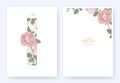Minimalist floral invitation card template design, pink roses and leaves in blue rectangle on white background