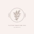 Minimalist floral line art leaves logo template. Botanic outline hand drawn branch