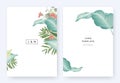 Minimalist floral wedding invitation card template design, tropical plants and red Tropaeolum flowers on white background