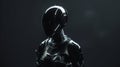 Futuristic black power suit with helmet for woman, minimalist design, dark background Royalty Free Stock Photo